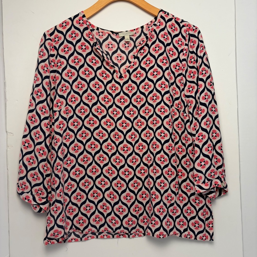 Talbots Womens Pink Navy Geometric Floral Split Neck 3/4 Sleeve Rayon Blouse M